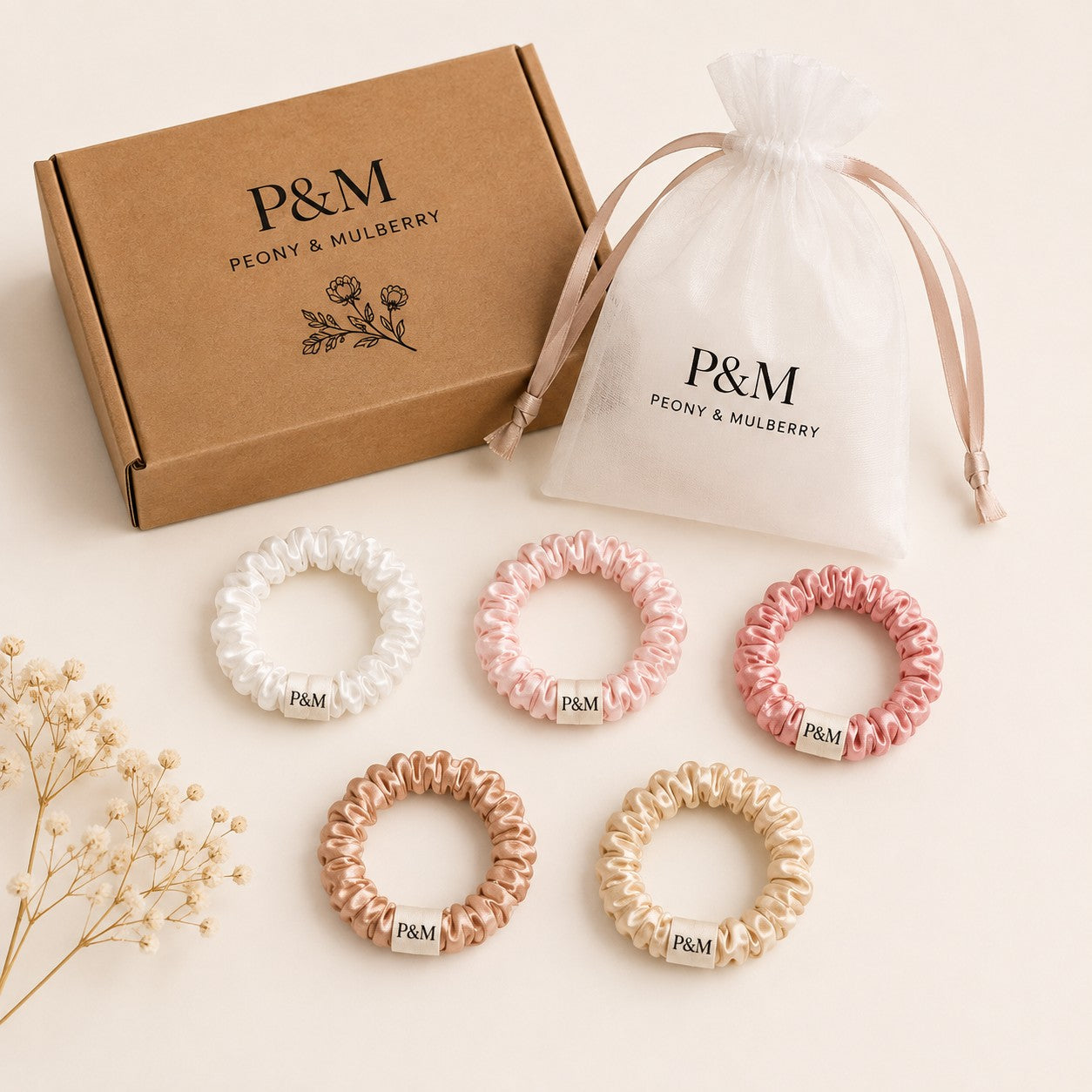 Pure Mulberry Silk Mini Scrunchie Set – 5 Pieces